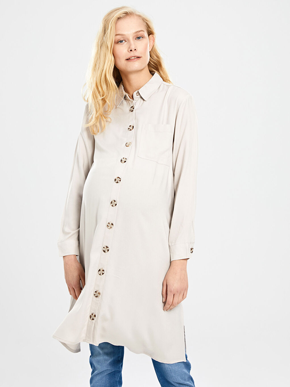 Bej Düz Viskon Hamile Gömlek Tunik