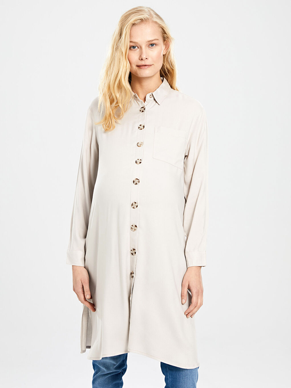 Bej Düz Viskon Hamile Gömlek Tunik-1