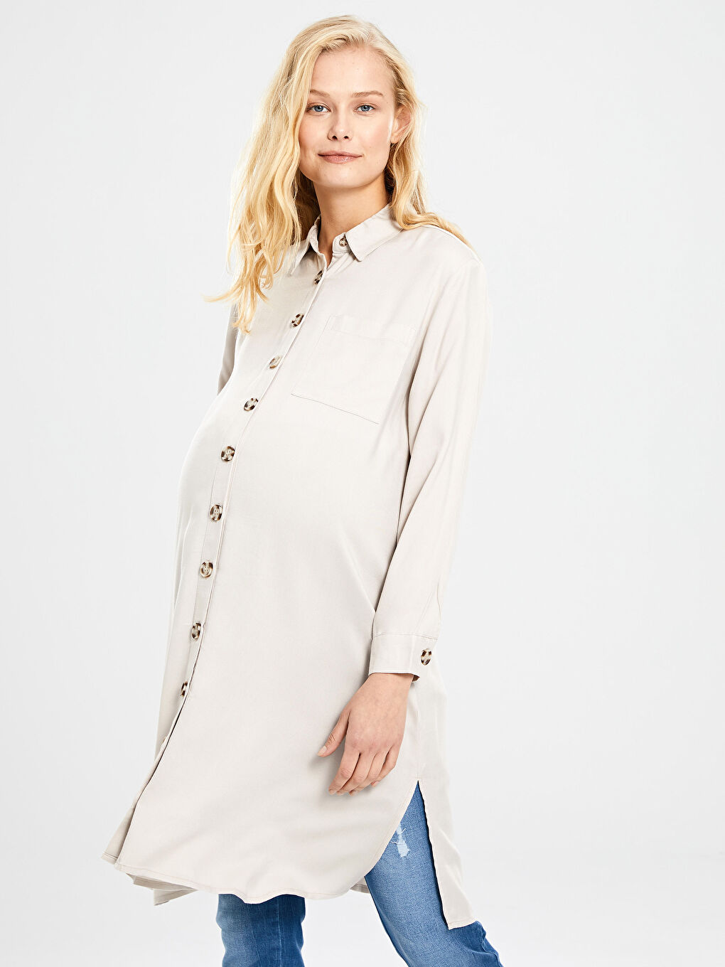 Bej Düz Viskon Hamile Gömlek Tunik-2