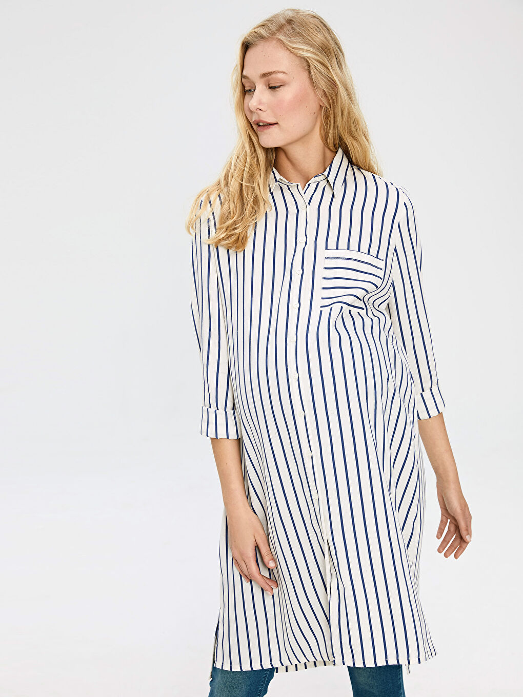 Mavi Çizgili Uzun Kollu Hamile Gömlek Tunik-1