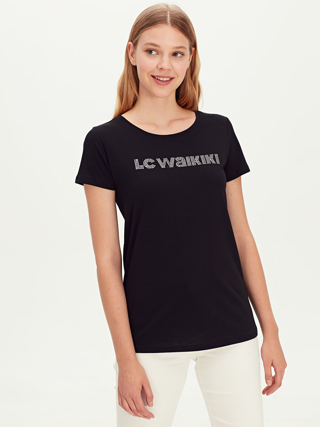 Siyah Bisiklet Yaka Baskılı Kısa Kollu Pamuklu Kadın Tişört-1