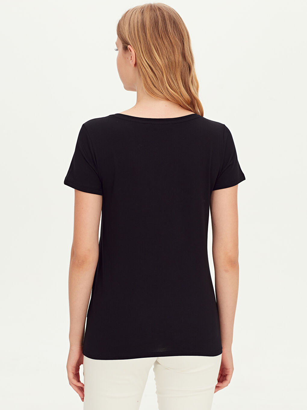 Siyah Bisiklet Yaka Baskılı Kısa Kollu Pamuklu Kadın Tişört-2