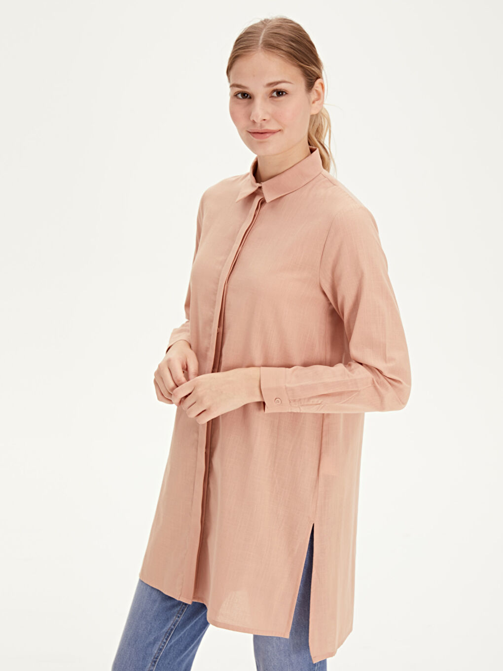Turuncu Düz Uzun Kollu Kadın Gömlek Tunik