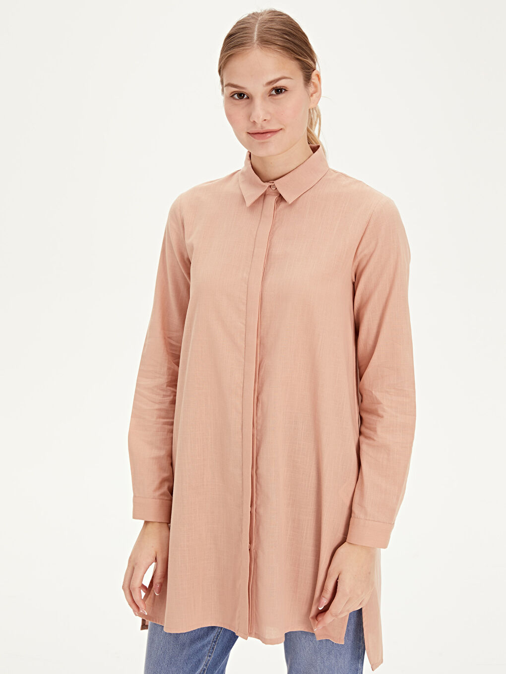 Turuncu Düz Uzun Kollu Kadın Gömlek Tunik-1