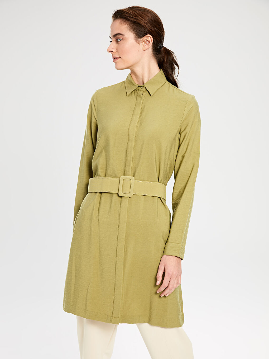 Yeşil Kemerli Viskon Uzun Kollu Kadın Tunik-1