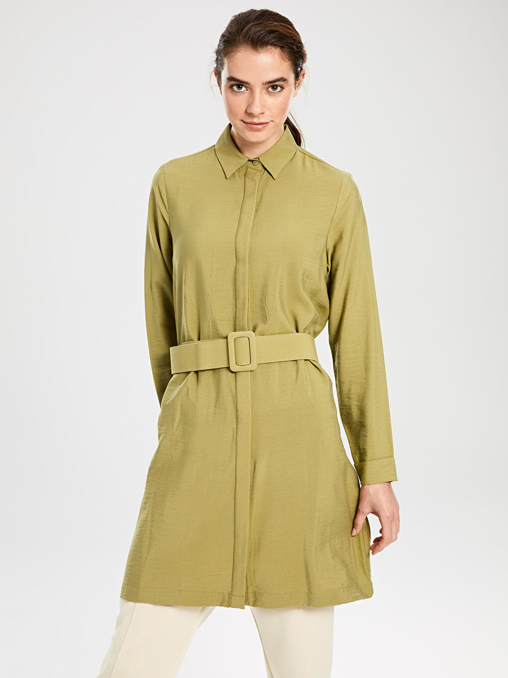 Yeşil Kemerli Viskon Uzun Kollu Kadın Tunik-2