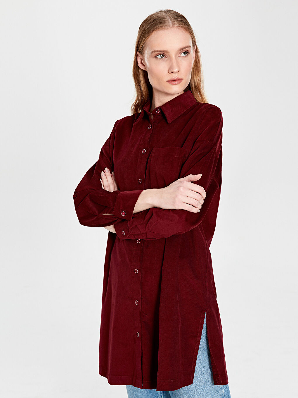 Kırmızı Yaka Detaylı Uzun Kollu Pamuklu Kadın Tunik