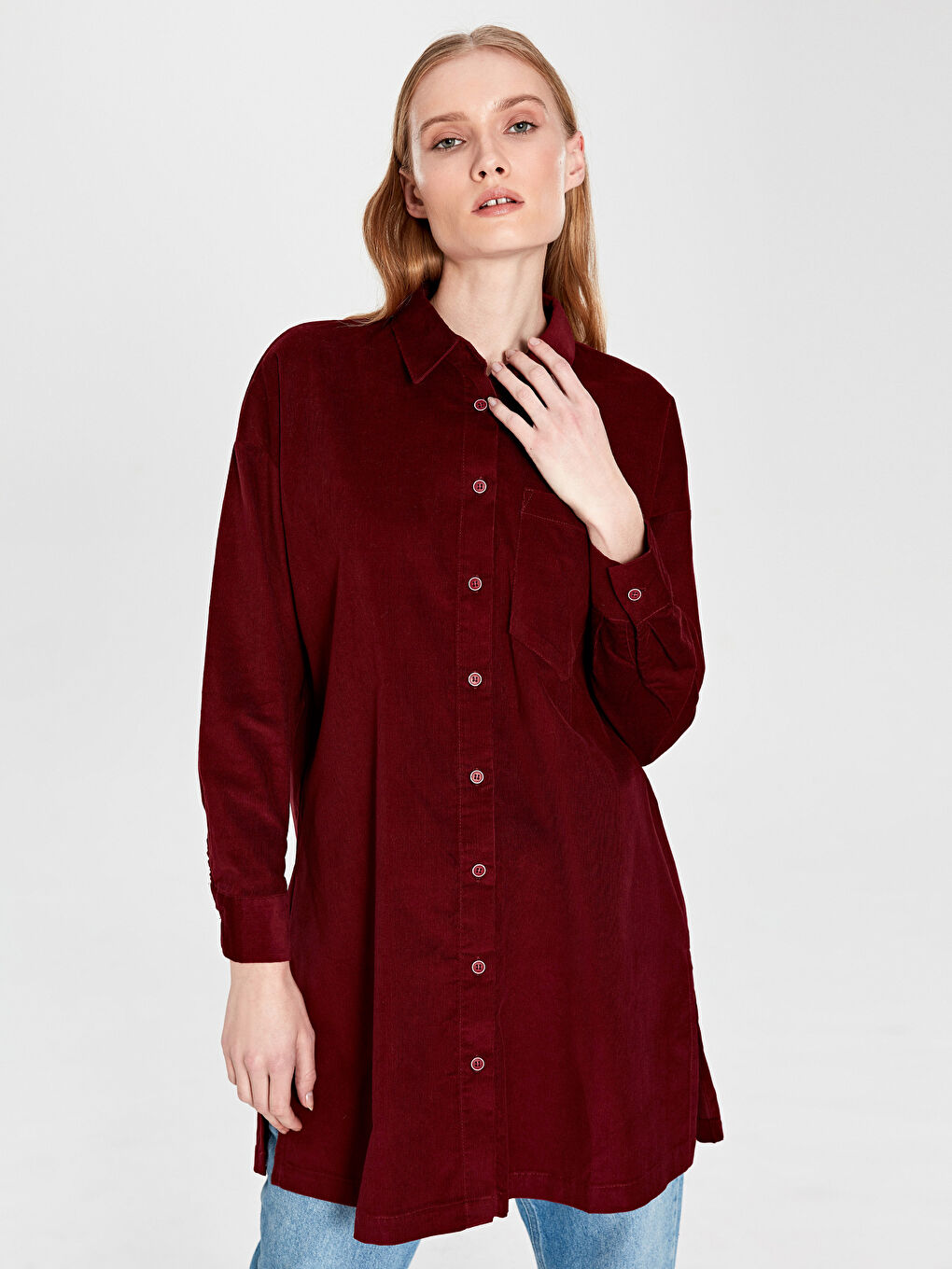 Kırmızı Yaka Detaylı Uzun Kollu Pamuklu Kadın Tunik-1