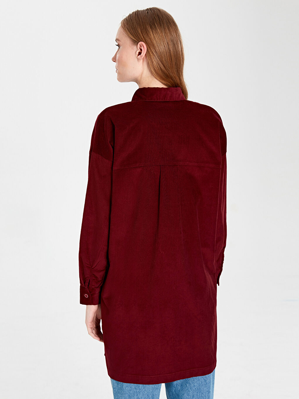 Kırmızı Yaka Detaylı Uzun Kollu Pamuklu Kadın Tunik-2