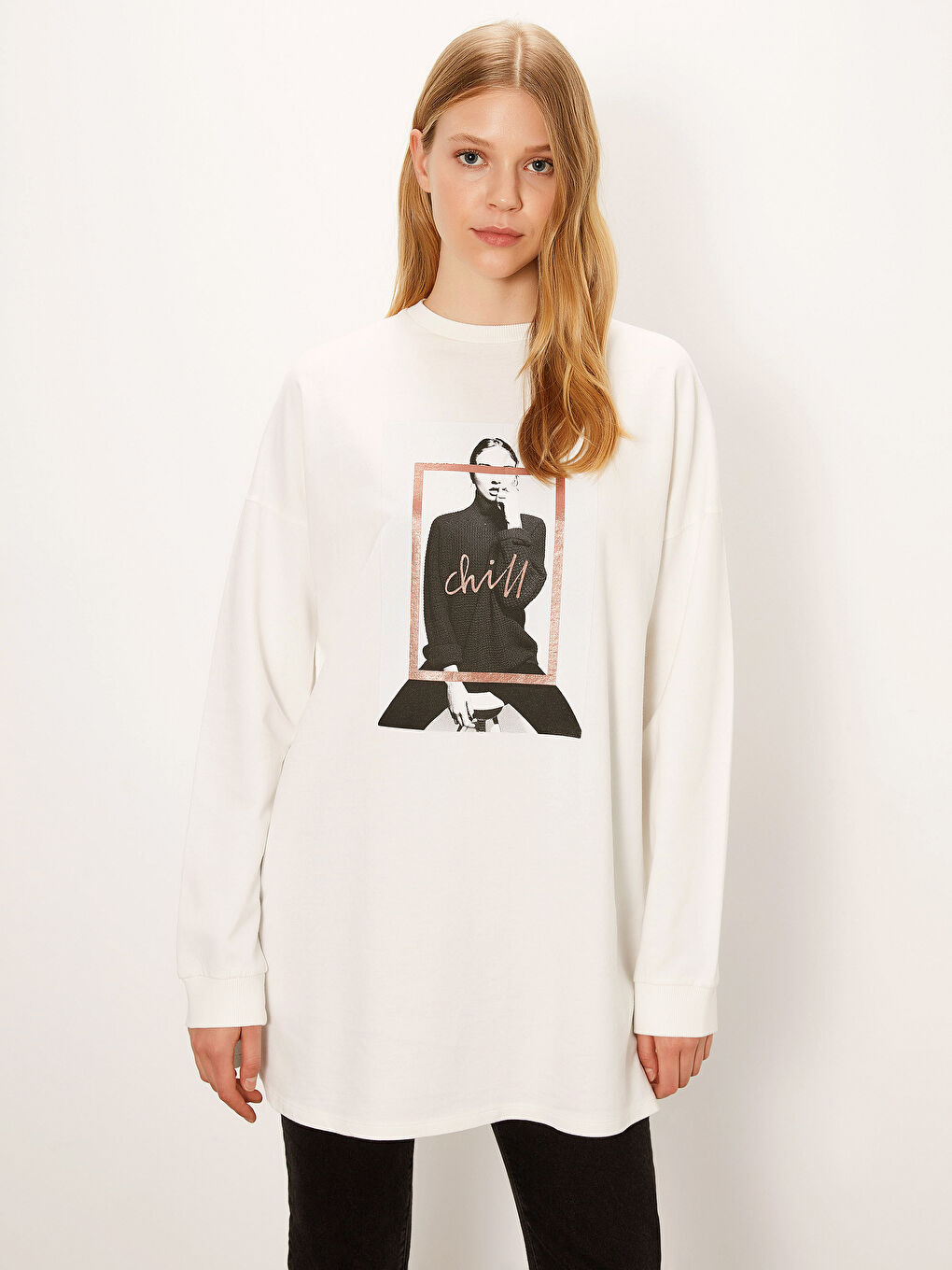 Ekru Bisiklet Yaka Oversize Pamuklu Tunik