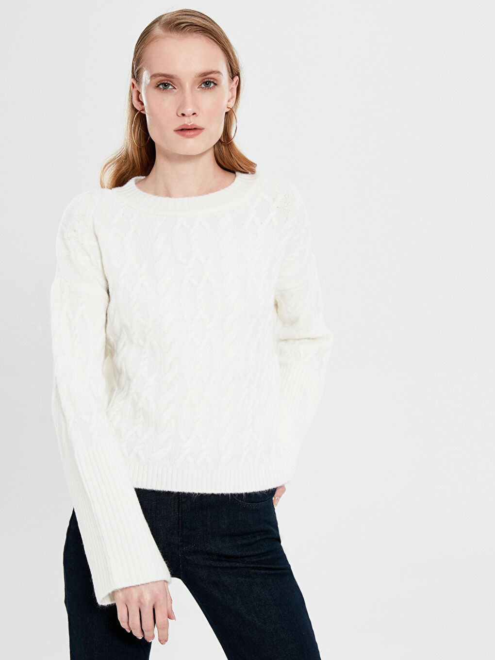 әйелдерге арналған дөңгелек жағалы өрнекті ұзын жең трикотаж жемпір