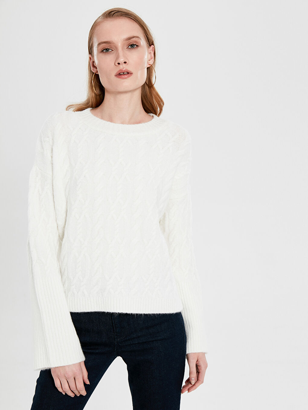 әйелдерге арналған дөңгелек жағалы өрнекті ұзын жең трикотаж жемпір-2