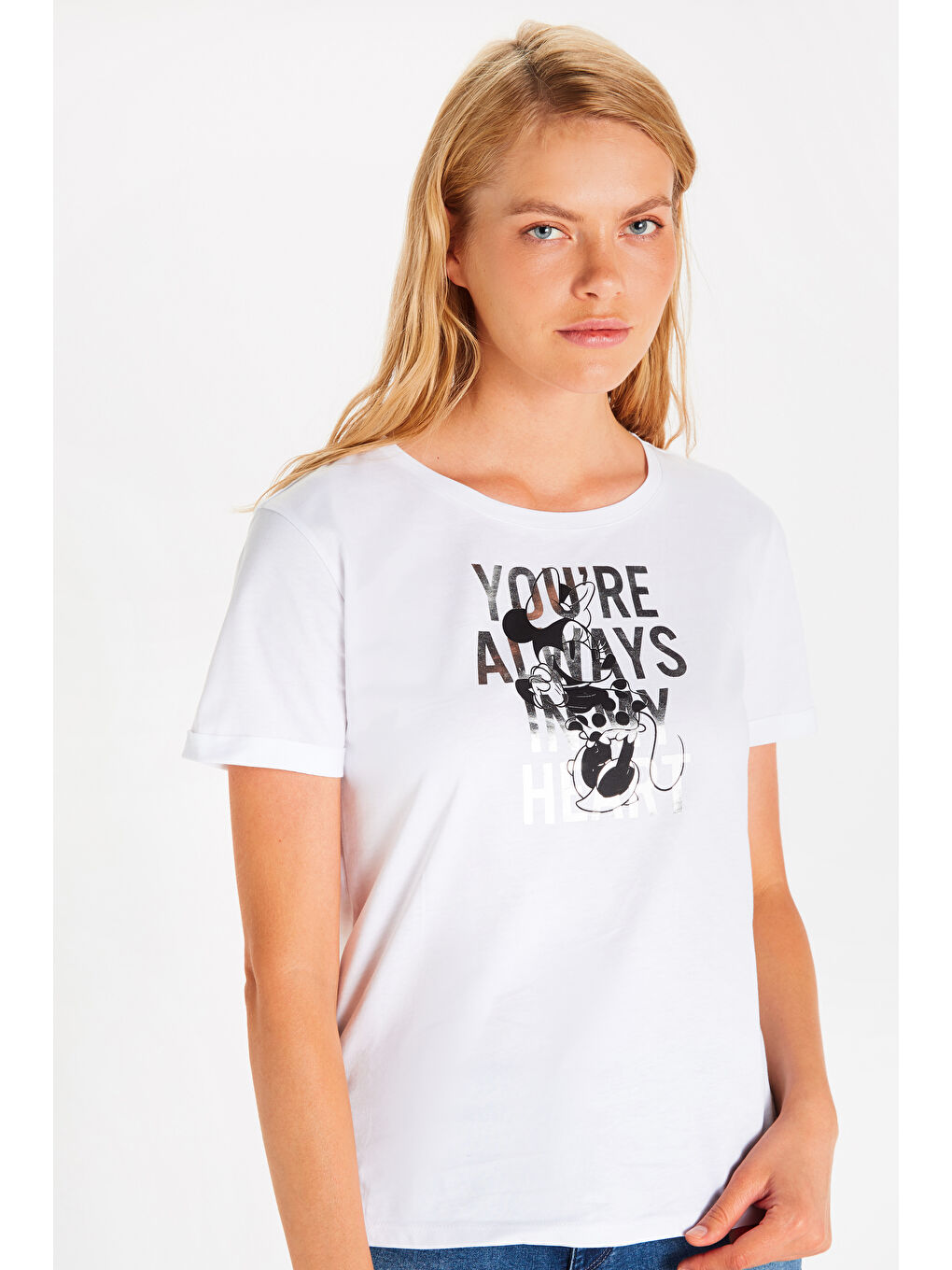 Beyaz Minnie Mouse Baskılı Pamuklu Tişört Anne Kız Kombini