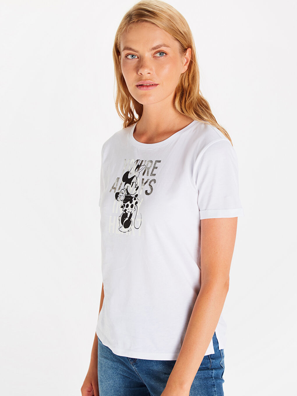 Beyaz Minnie Mouse Baskılı Pamuklu Tişört Anne Kız Kombini-1