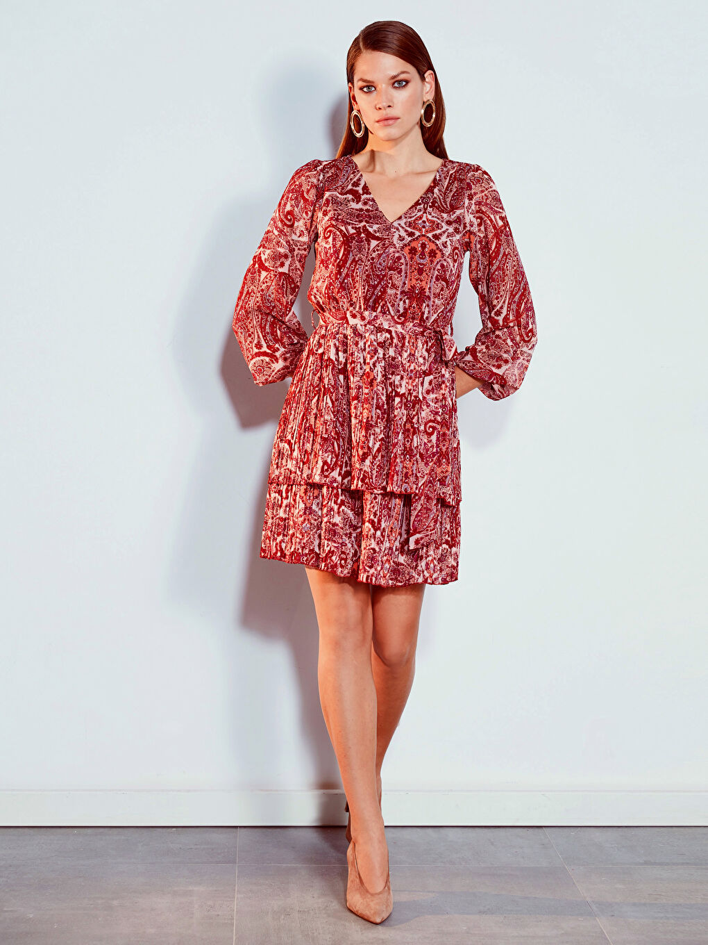 Bordo V Yaka Standart Fit Şifon Kadın Elbise