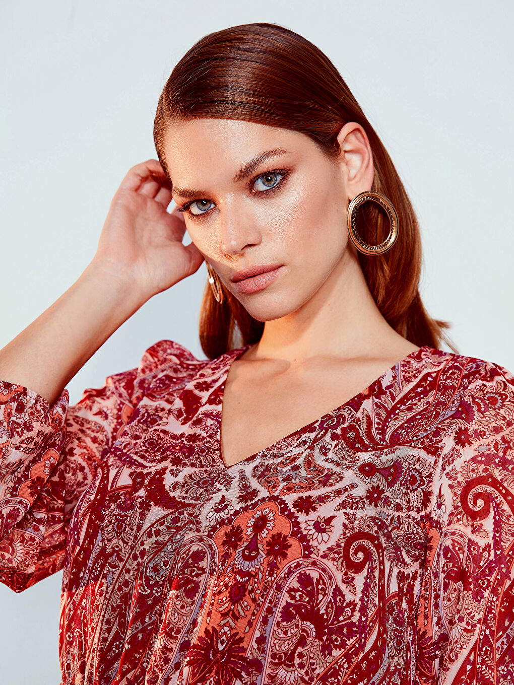 Bordo V Yaka Standart Fit Şifon Kadın Elbise-2