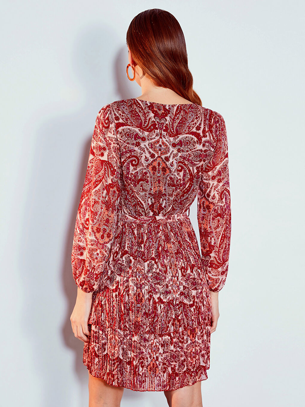 Bordo V Yaka Standart Fit Şifon Kadın Elbise-3