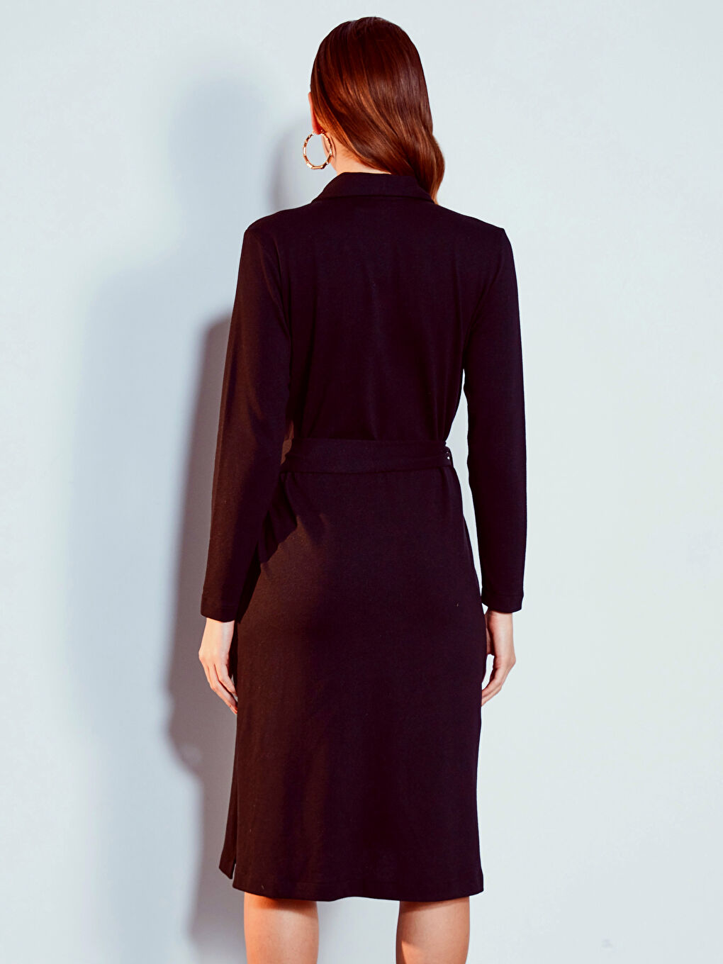 Siyah Kuşaklı Esnek Uzun Kollu Kadın Gömlek Elbise-2