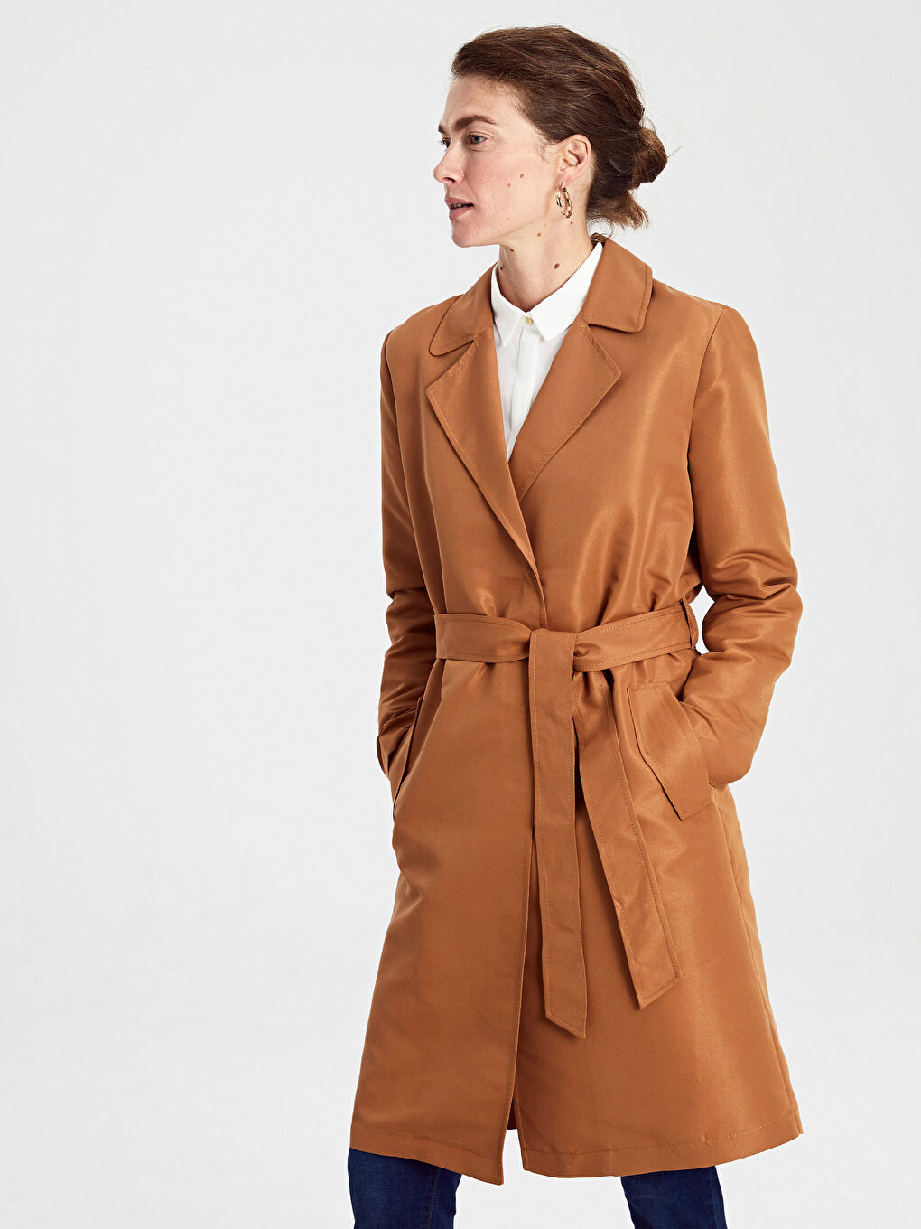 Turuncu Ceket Yaka Düz Uzun Kollu Kadın Trençkot