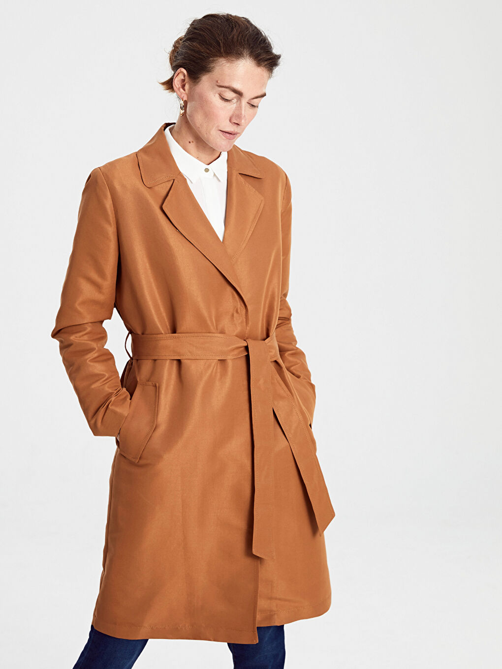 Turuncu Ceket Yaka Düz Uzun Kollu Kadın Trençkot-1