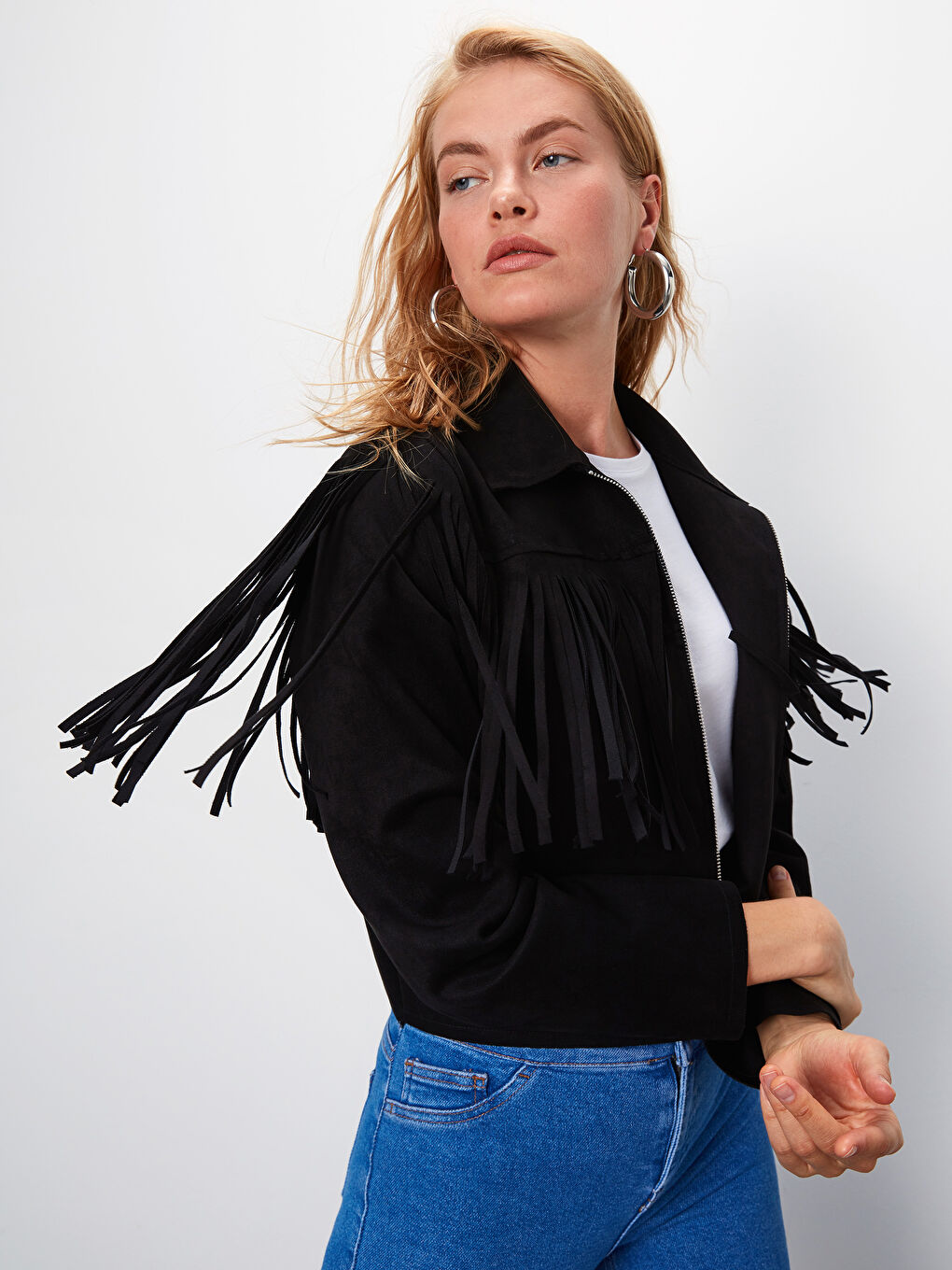 Siyah Gömlek Yaka Uzun Kollu Süet Kadın Mont