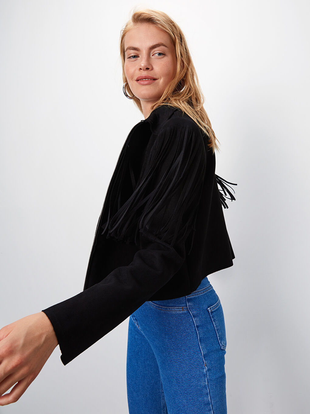 Siyah Gömlek Yaka Uzun Kollu Süet Kadın Mont-1