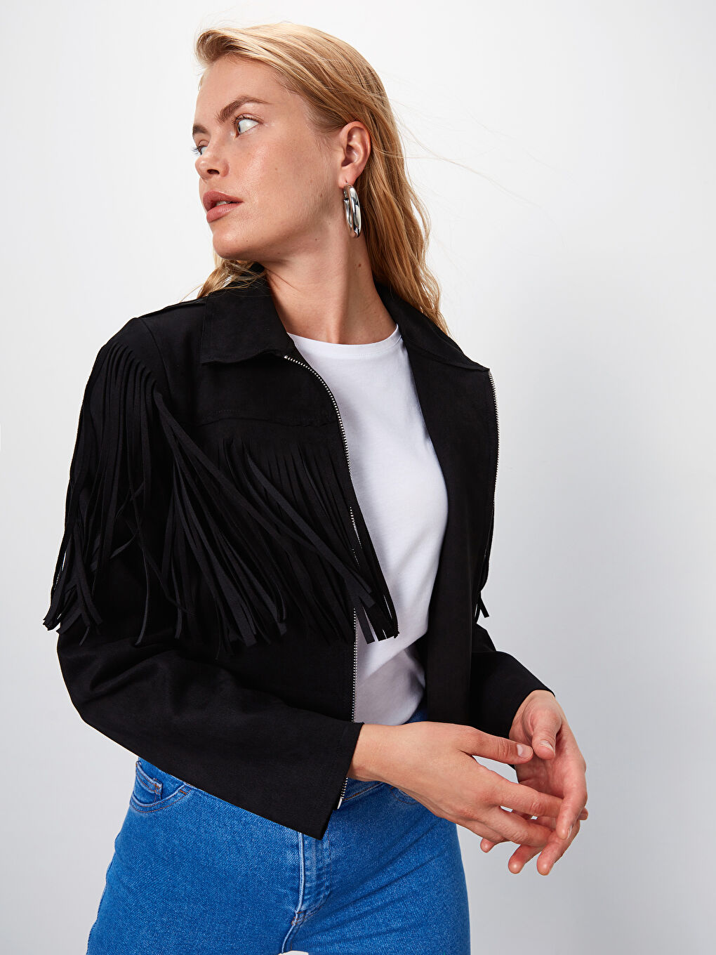 Siyah Gömlek Yaka Uzun Kollu Süet Kadın Mont-2