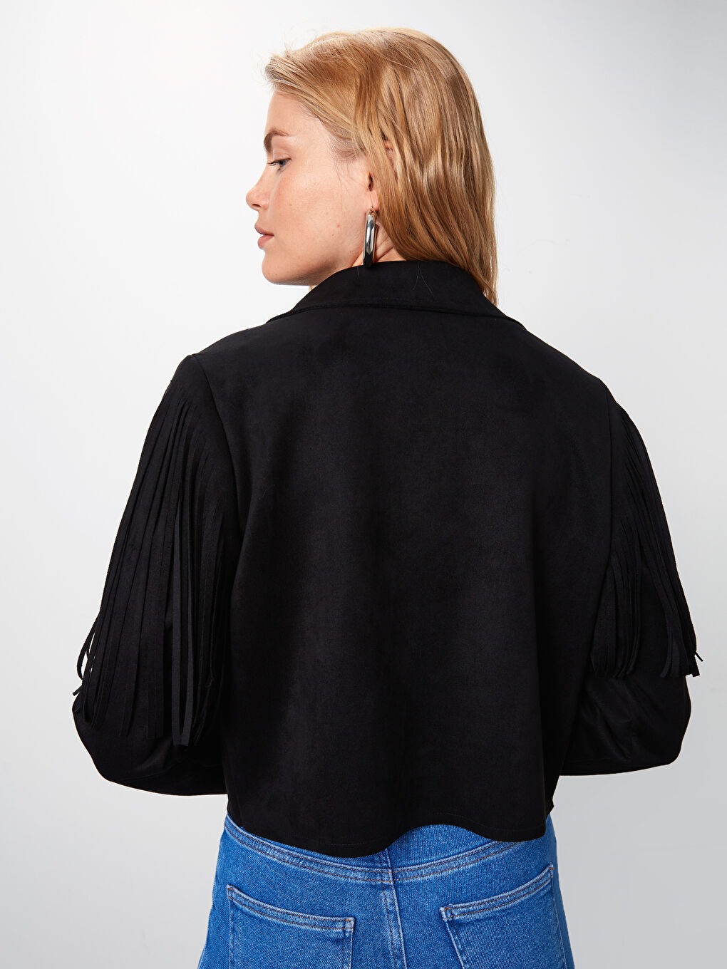 Siyah Gömlek Yaka Uzun Kollu Süet Kadın Mont-3