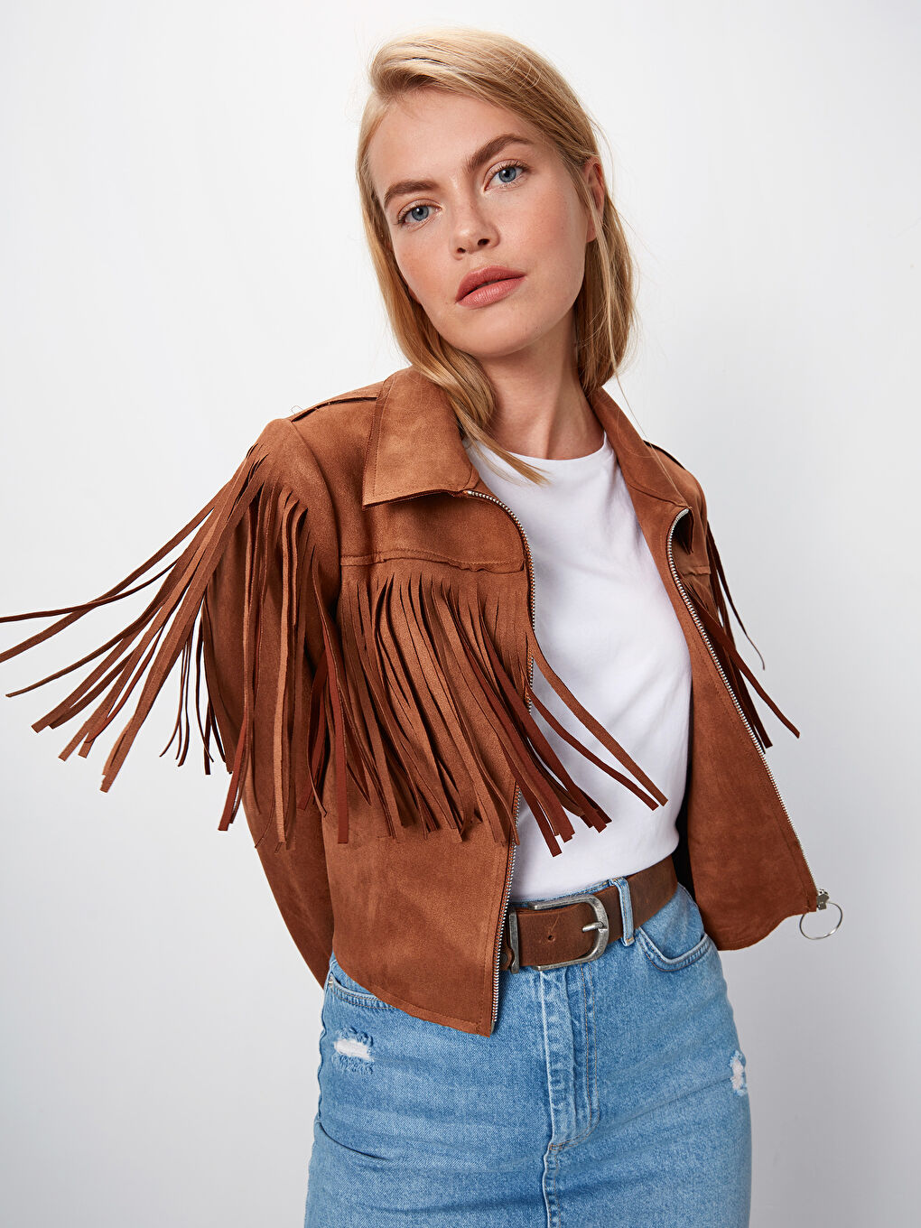 Kahverengi Gömlek Yaka Uzun Kollu Süet Kadın Mont