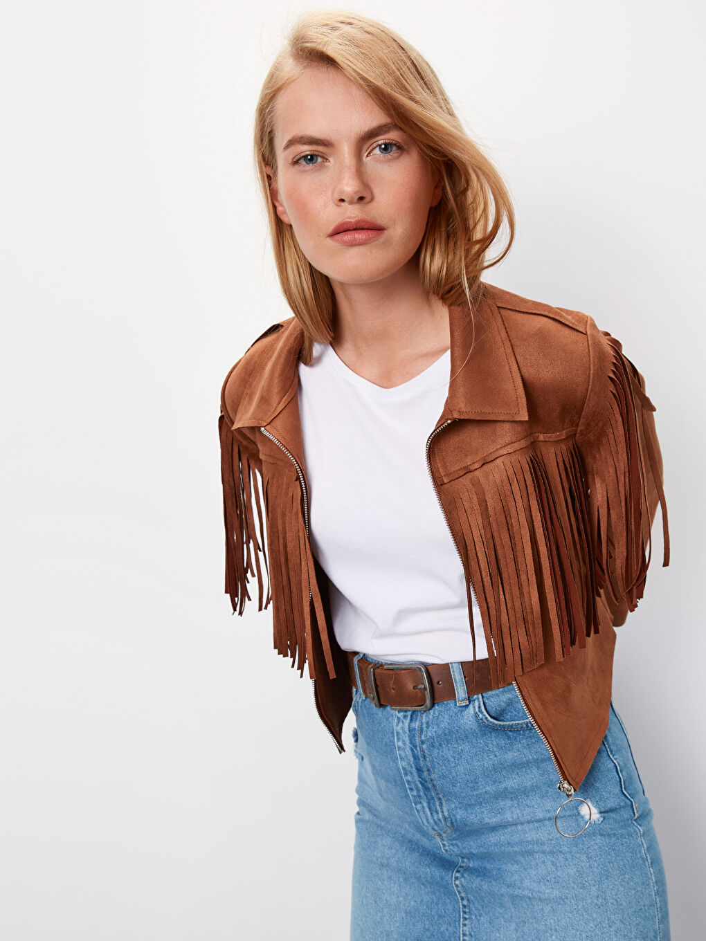 Kahverengi Gömlek Yaka Uzun Kollu Süet Kadın Mont-1