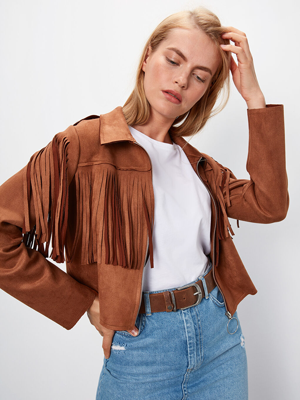 Kahverengi Gömlek Yaka Uzun Kollu Süet Kadın Mont-2