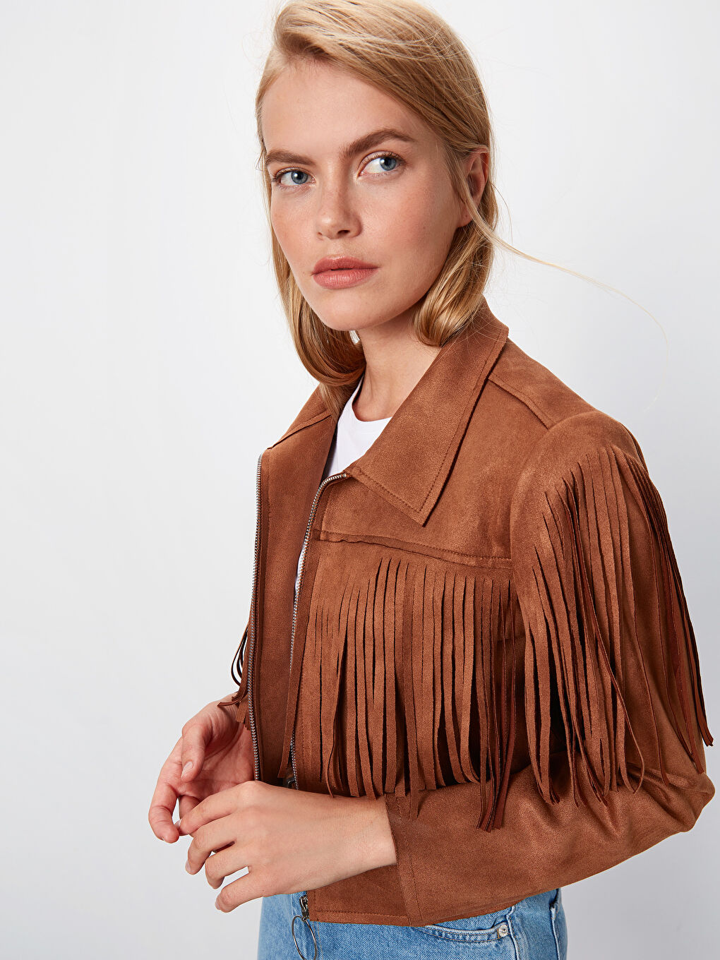 Kahverengi Gömlek Yaka Uzun Kollu Süet Kadın Mont-3