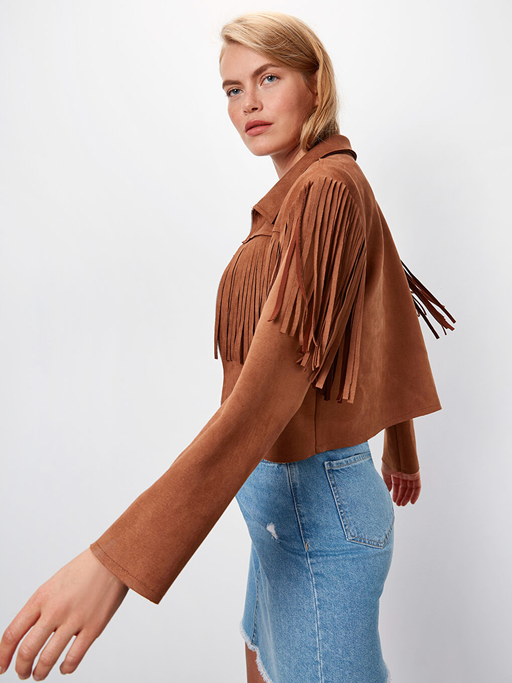 Kahverengi Gömlek Yaka Uzun Kollu Süet Kadın Mont-4