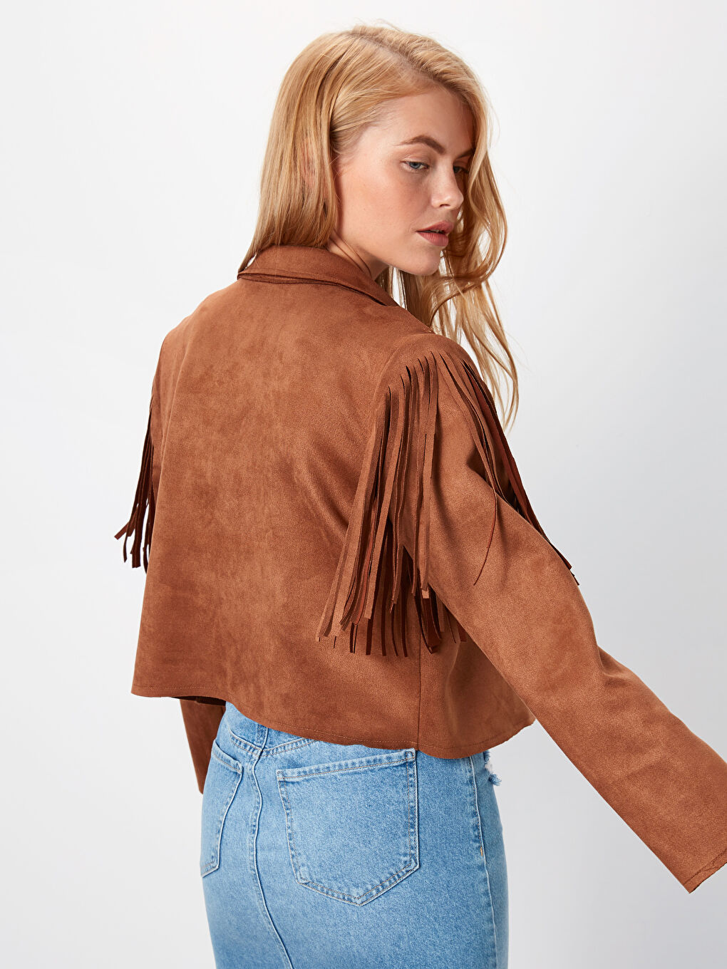 Kahverengi Gömlek Yaka Uzun Kollu Süet Kadın Mont-5