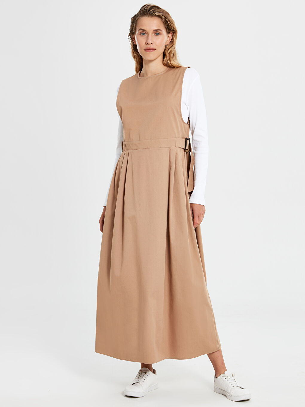 Bej Uzun Kollu Poplin Kadın Elbise