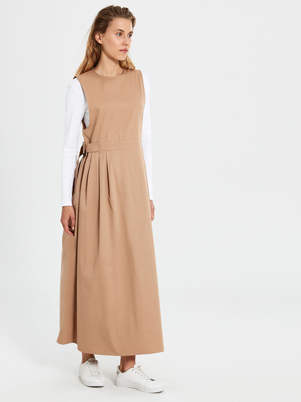 Bej Uzun Kollu Poplin Kadın Elbise-1