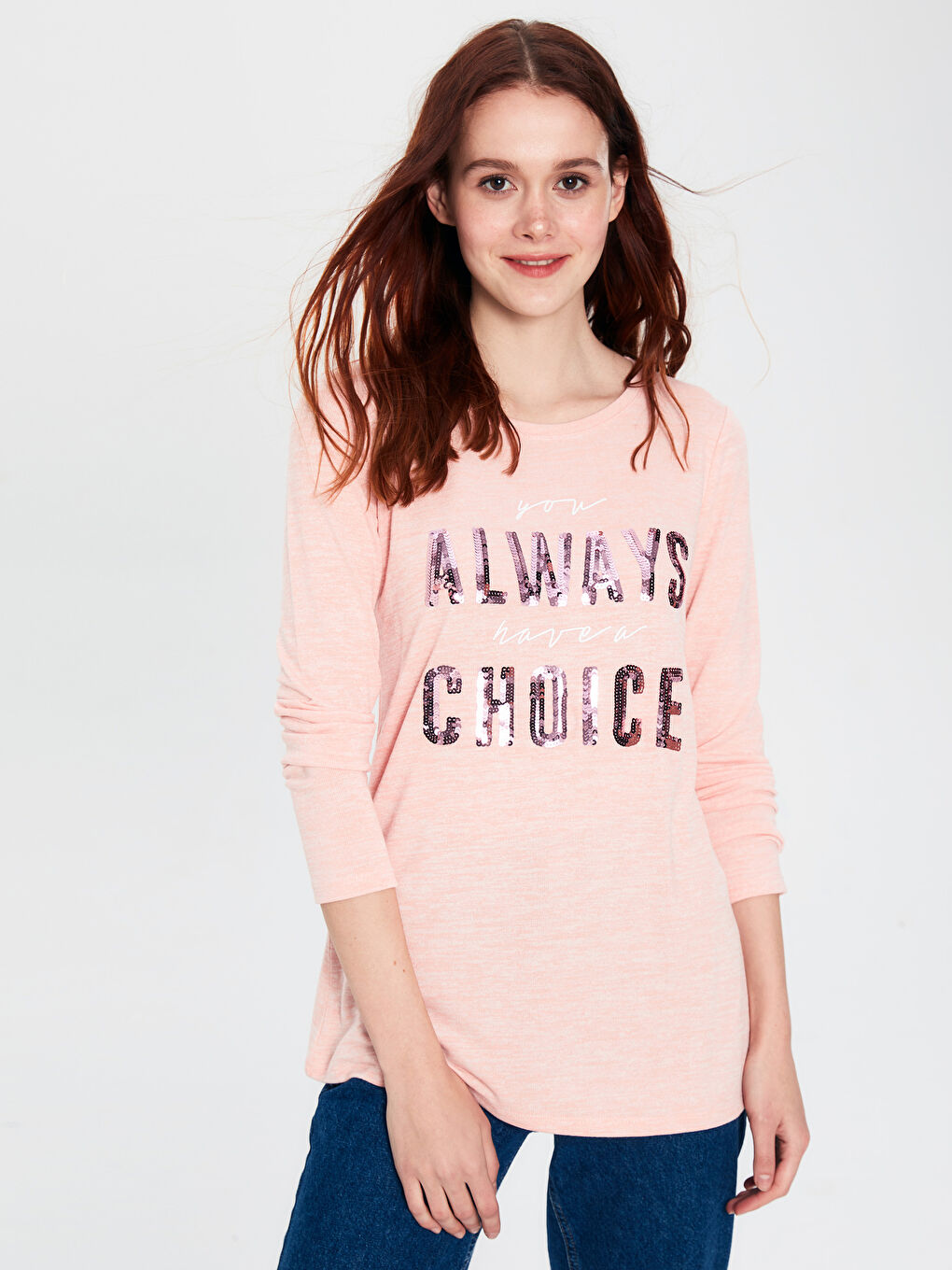 Әйелдерге арналған ұзын жең вискоза дөңгелек жағалы принтті футболка