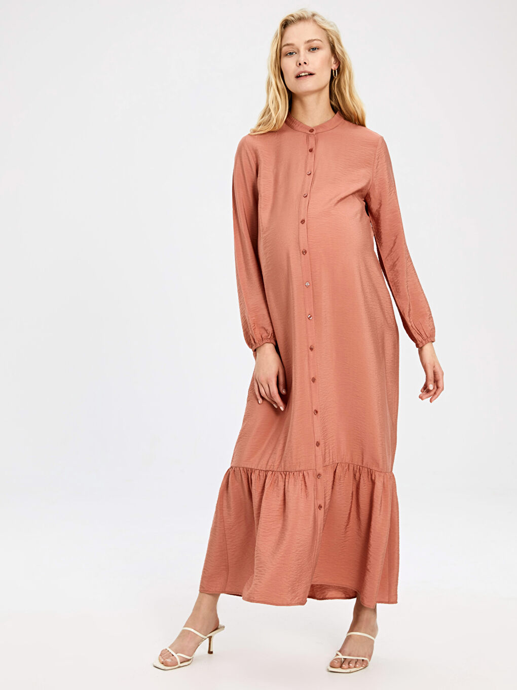 Turuncu Bisiklet Yaka Uzun Kollu Viskon Kadın Elbise