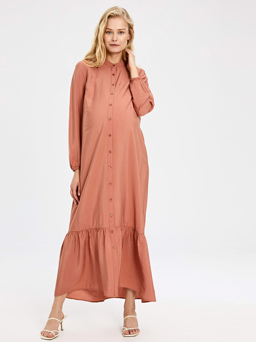 Turuncu Bisiklet Yaka Uzun Kollu Viskon Kadın Elbise-1