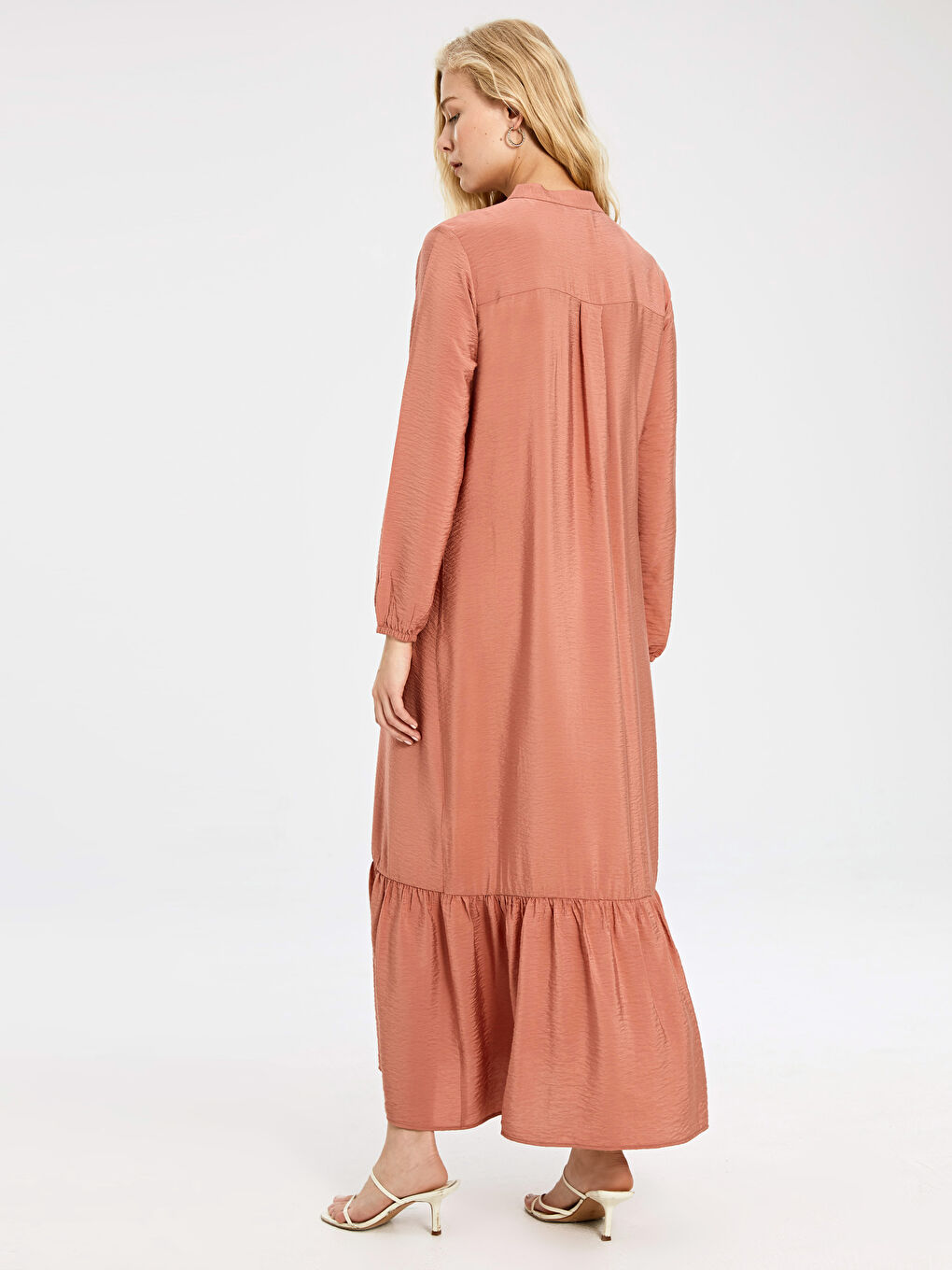 Turuncu Bisiklet Yaka Uzun Kollu Viskon Kadın Elbise-2