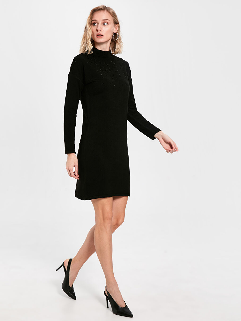 Siyah Işıltı Detaylı Uzun Kollu Kadın Mini Elbise