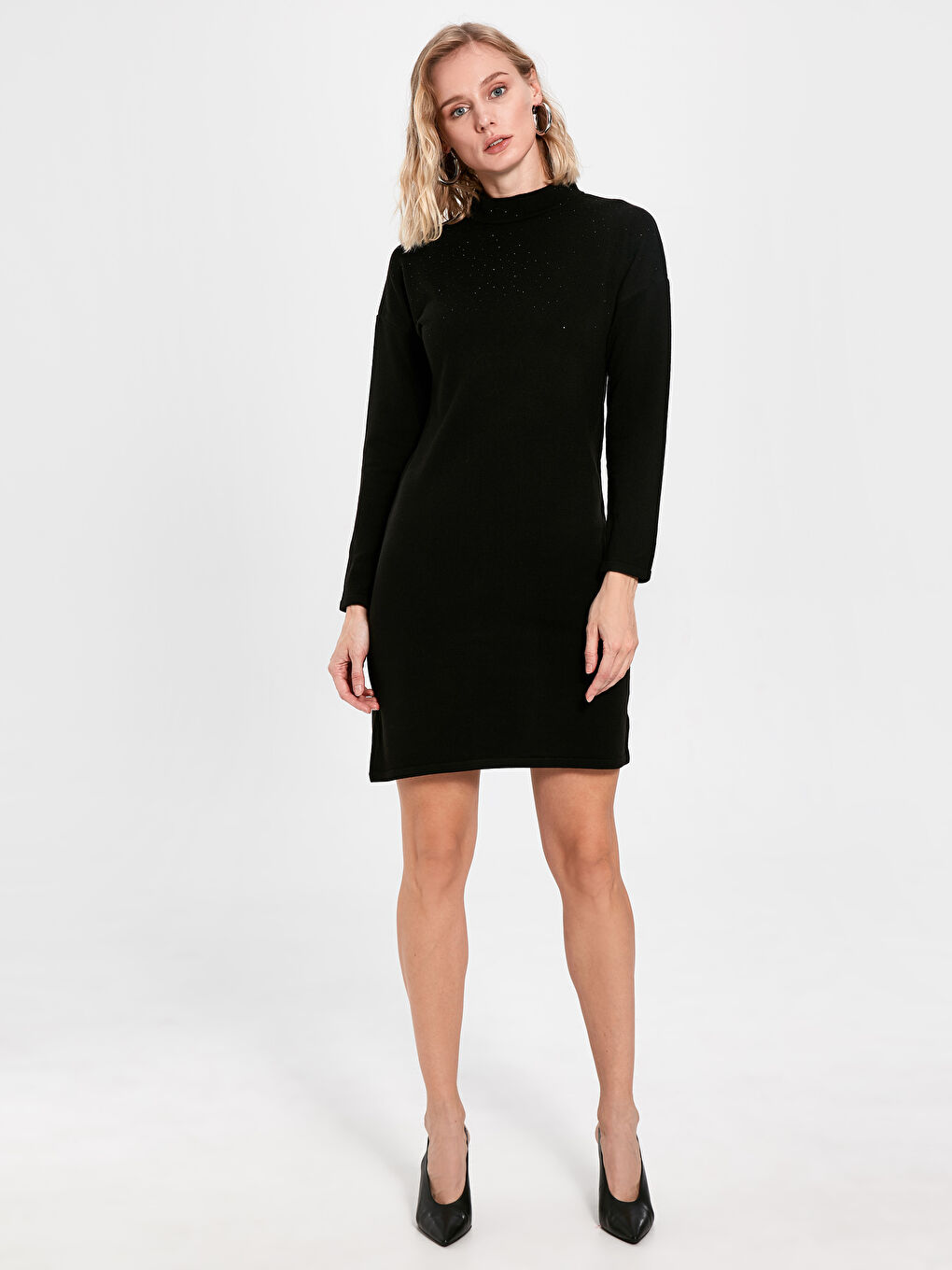 Siyah Işıltı Detaylı Uzun Kollu Kadın Mini Elbise-1