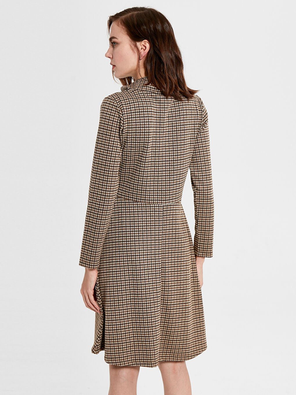 Kahverengi Balıkçı Yaka Desenli Uzun Kollu Kadın Elbise-2