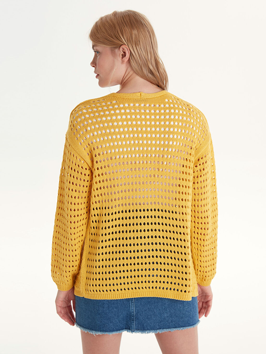 Sarı Kendinden Desenli Uzun Kollu Kadın Triko Hırka-3