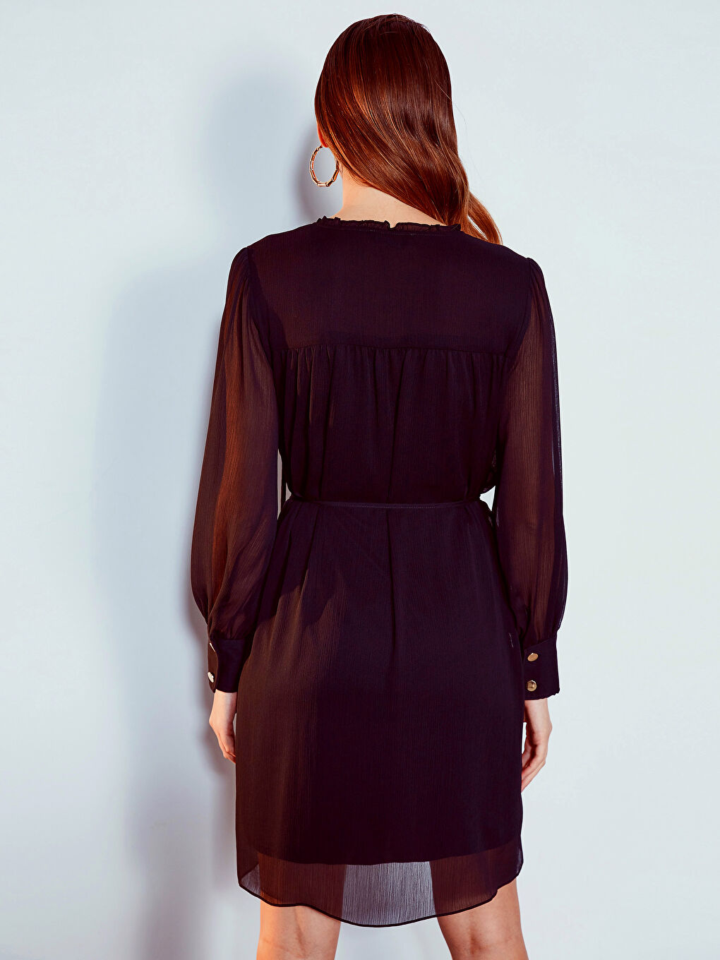 Siyah Kayık Yaka Standart Fit Uzun Kollu Şifon Kadın Elbise-2