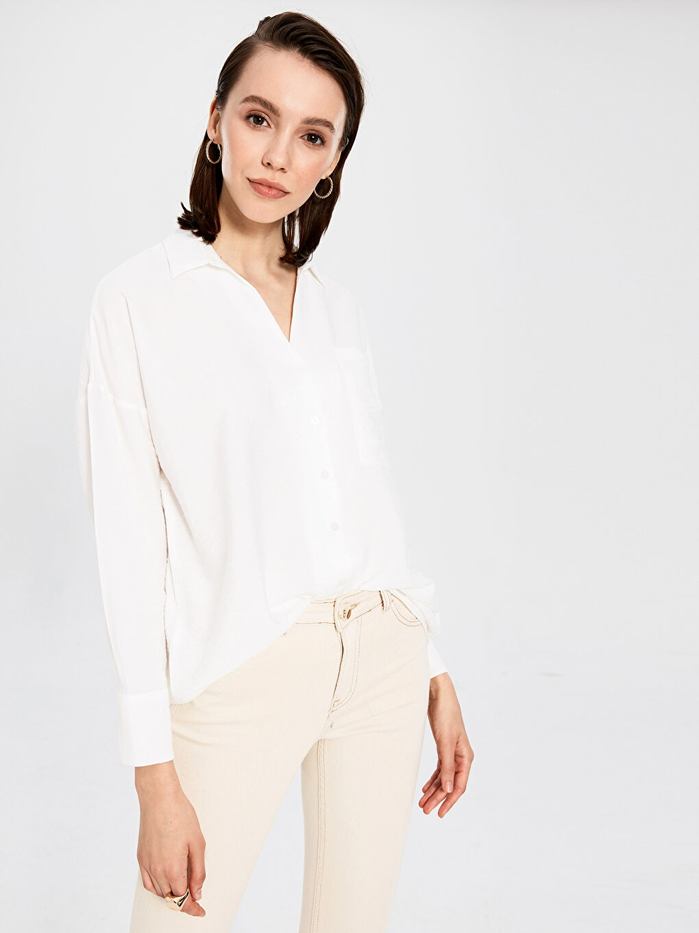 Cămașă Damă Viscoză Simplă Crep Mânecă Lungă Croială Standard Guler Cămașă-1