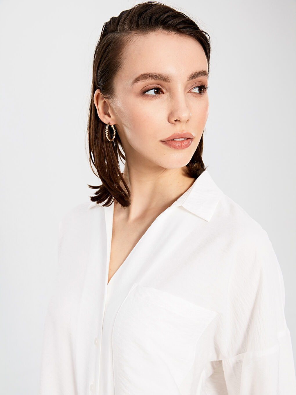 Cămașă Damă Viscoză Simplă Crep Mânecă Lungă Croială Standard Guler Cămașă-2