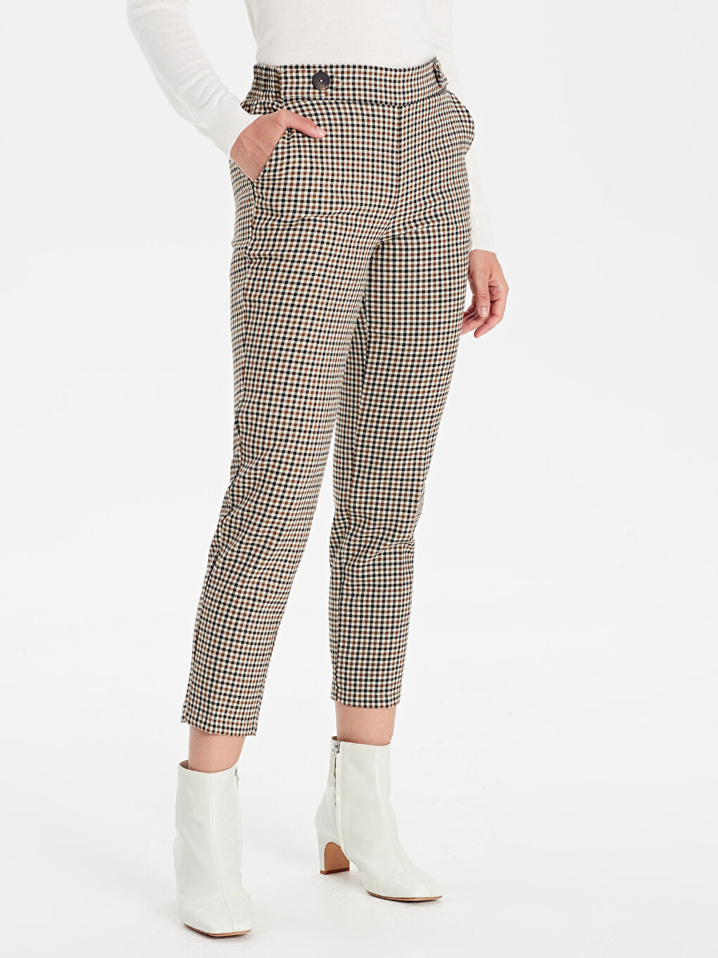 Kahverengi Beli Lastikli Ekose Kadın Havuç Pantolon-9