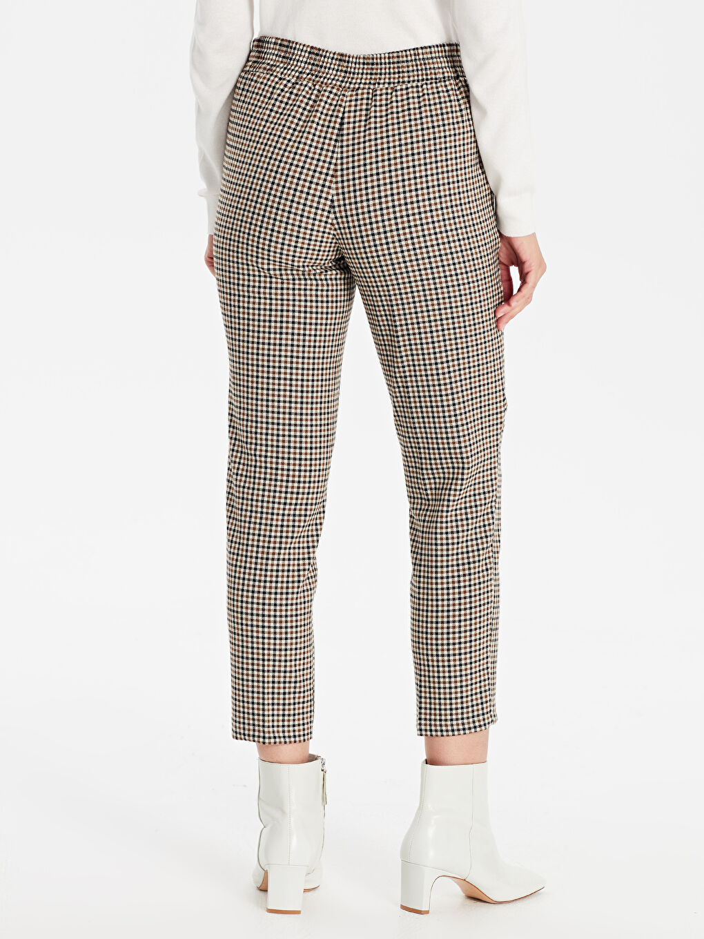 Kahverengi Beli Lastikli Ekose Kadın Havuç Pantolon-8