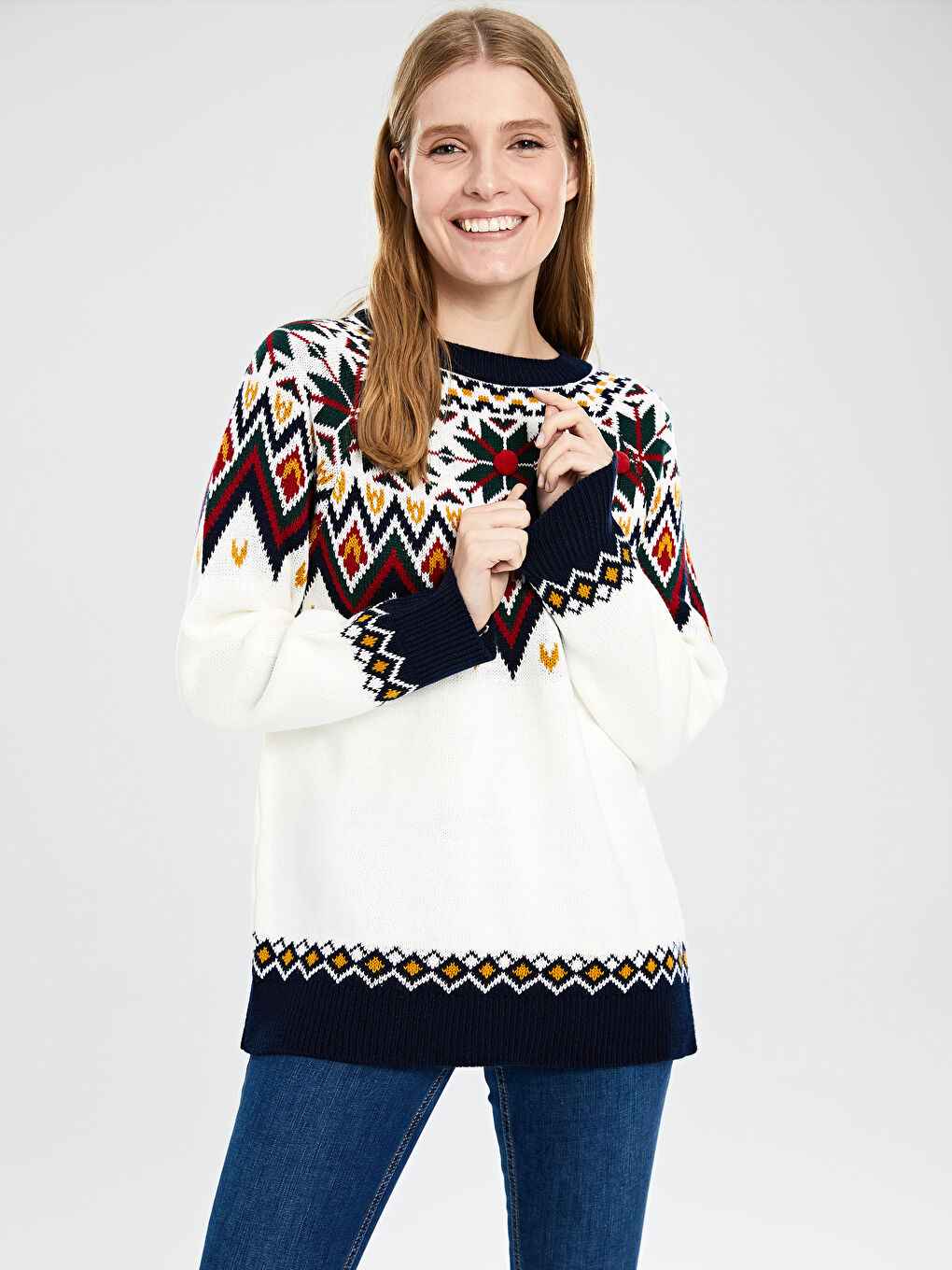 әйелдерге арналған дөңгелек жағалы ұзын жең трикотаж жемпір